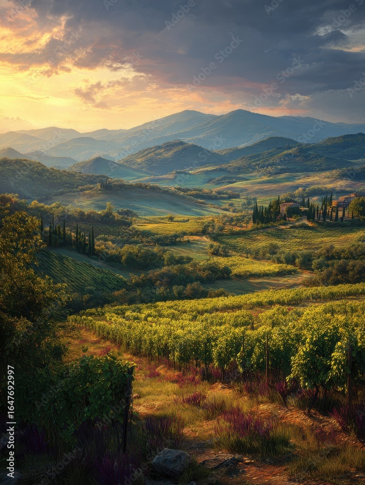 Naklejka premium breathtaking views of the beautiful evening landscapes of the tuscany region vineyards and rolling hills