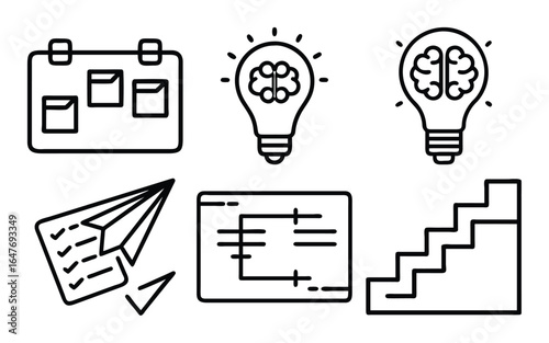 A collection of simple line art icons representing business concepts like planning, ideas, and growth.