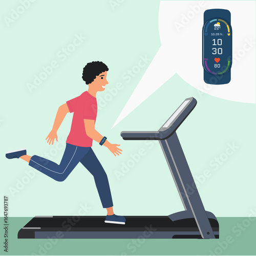 A man runs on a treadmill, on his hand is a fitness bracelet, smart watch, fitness tracker, gym, tracksuit, sneakers, sports equipment
