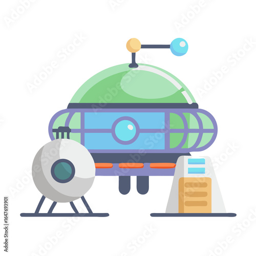 Colorful cartoon depiction of a futuristic space station with accompanying modules