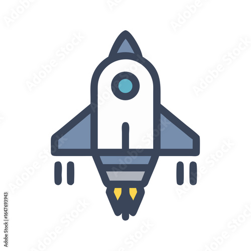 A bold outlined cartoon spaceship soaring high into the vast endless space