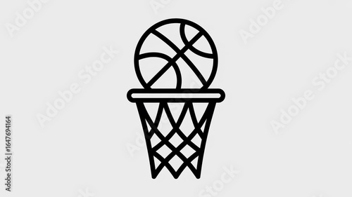 A minimalist black and white line art illustration of a basketball hoop and ball.