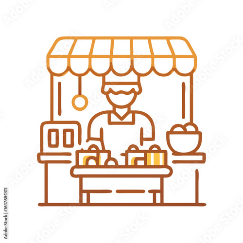 Illustration of a farmer's market stall with a merchant and produce