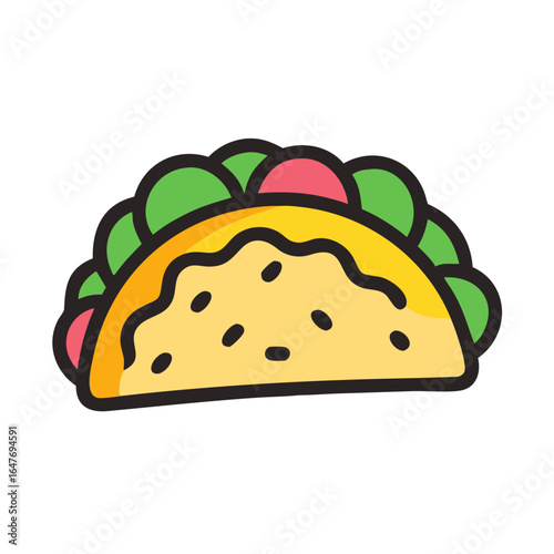 Cartoon Taco Filled with Lettuce and Tomatoes in a Yellow Shell