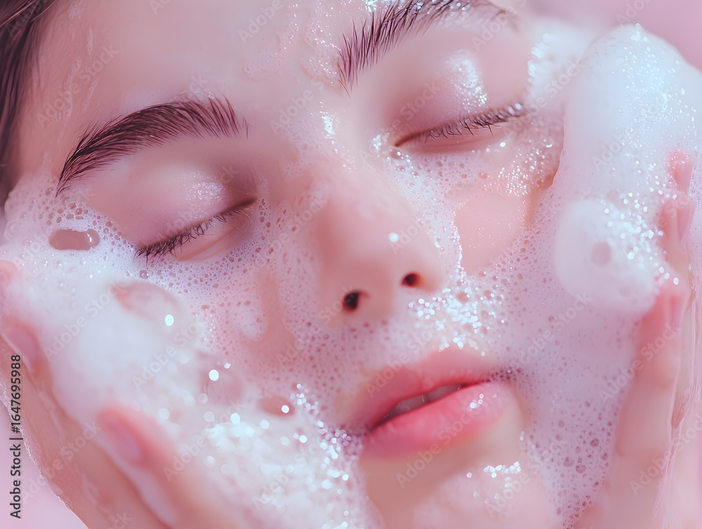 Fototapeta premium Photo of woman washing face with foamy cleanser, emphasizing skincare, self-care, and fresh, rejuvenated skin