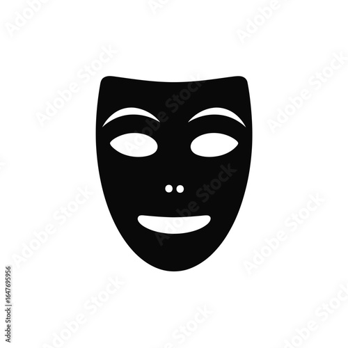 Classic black theatrical mask with a smiling expression on a white background