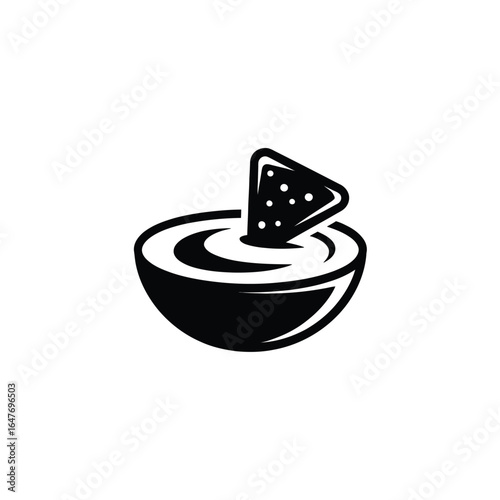 Black and white icon of a tortilla chip dipping into a bowl of guacamole or salsa