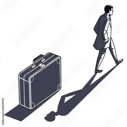 A man with a suitcase and his shadow isolated on white background is walking away from the suitcase