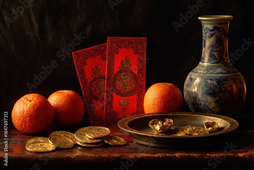 Chinese New Year Still Life with Oranges, Red Envelopes, and Gold Coins