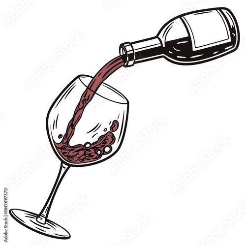 Red wine pouring from bottle into glass isolated on white background in a black and white illustration
