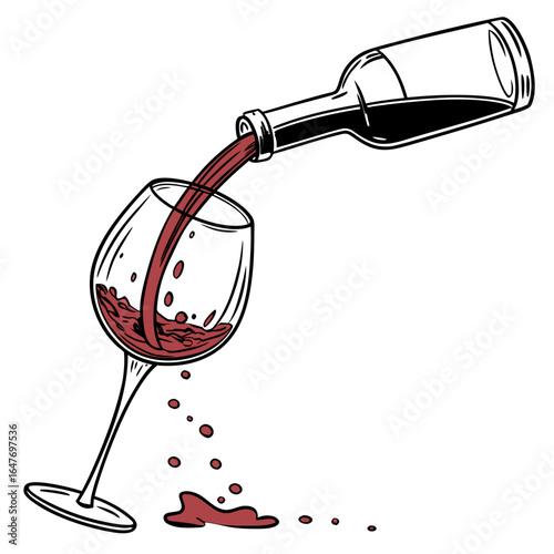 Red wine pouring from bottle into glass isolated on white background for celebration, party, restaurant, and bar design projects