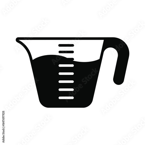 Black and white illustration of a measuring cup with liquid and markings
