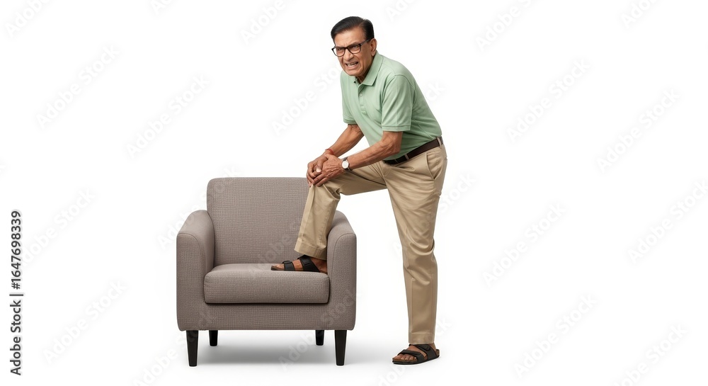 Fototapeta premium An older man in glasses and a green shirt holding his knee while standing next to a gray chair