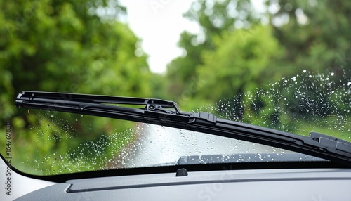 Car windshield with rain drops and frameless wiper blade closeup. 