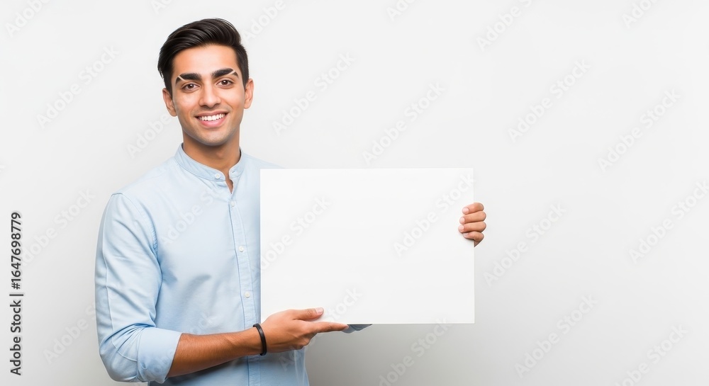Man in light blue shirt holding a blank white sign smiling against a white background in studio shot Man in light blue shirt holding a blank white sign smiling against a white background in studio shot