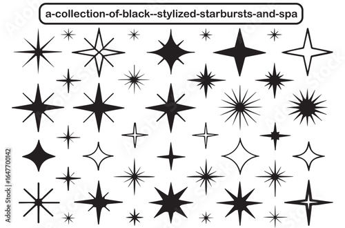 Collection of black stylized starbursts and sparkles in various shapes and sizes silhouette