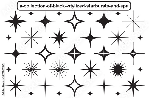 Collection of black stylized starbursts and sparkles in various shapes and sizes silhouette