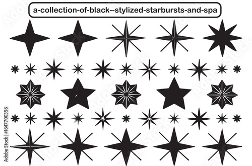 Collection of black stylized starbursts and sparkles in various shapes and sizes silhouette