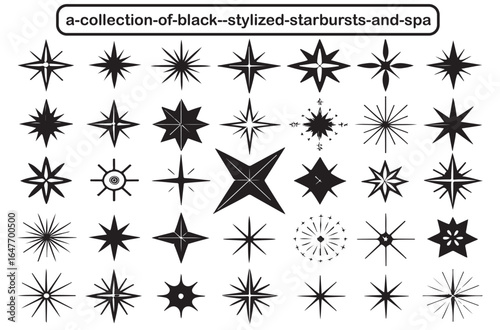 Collection of black stylized starbursts and sparkles in various shapes and sizes silhouette