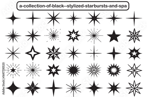Collection of black stylized starbursts and sparkles in various shapes and sizes silhouette