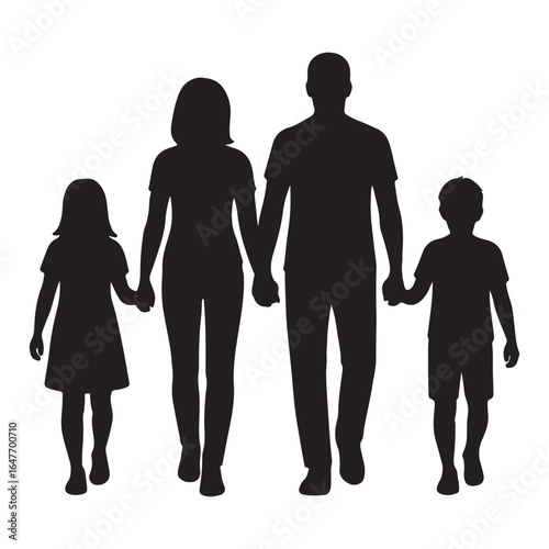 Happy Family Silhouette with Parents and Children Holding Hands Illustration