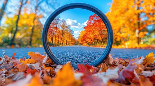 Autumnal road viewed through a circular lens, set amidst vibrant fall foliage
