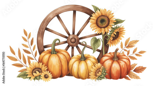 A rustic fall arrangement with pumpkins sunflowers and a wagon wheel