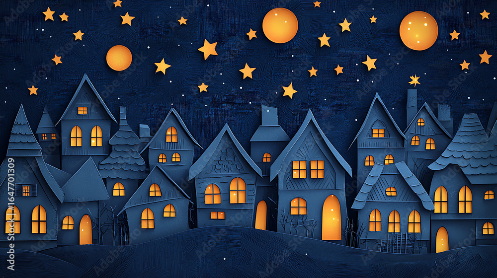 Fototapeta premium Whimsical Nightscape Cozy Village Under a Starry Sky Illustration