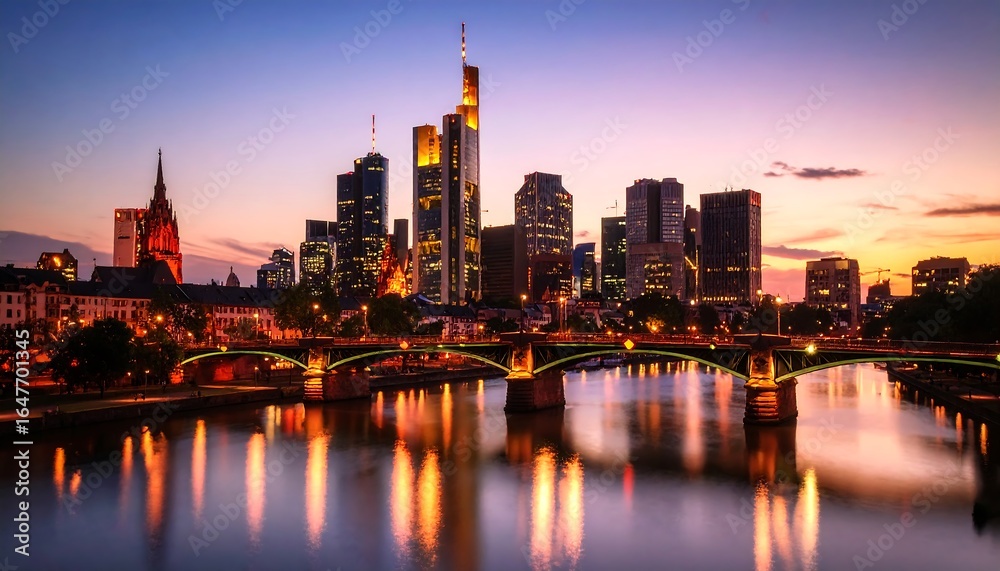 Obraz premium Illuminated Frankfurt cityscape reflecting in the Main river at dusk hour