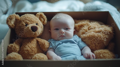 Baby in a cardboard box with teddy bears