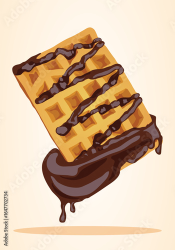 Vector illustration of delicious waffles with melted chocolate sauce