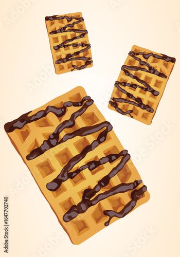 Three delicious waffles with melted chocolate sauce, Vector illustration