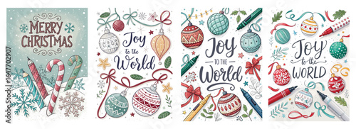 Colorful Christmas-themed illustrations with ornaments, festive decorations, and cheerful lettering.