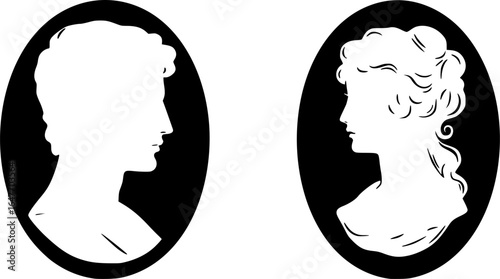Vector silhouette set of cameo man and woman on white background