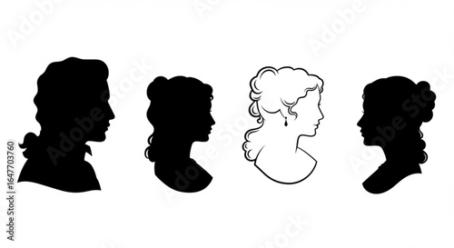 Vector silhouette set of cameo man and woman on white background