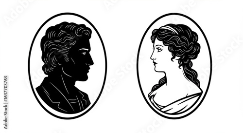 Vector silhouette set of cameo man and woman on white background