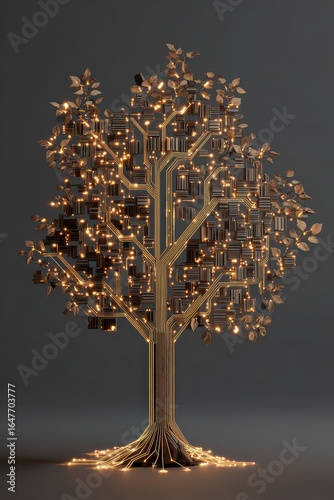 Digital Tree with Circuit Board Branches and Glowing Leaves on Gray Background