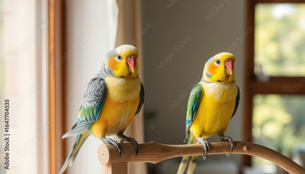 Obraz premium Bright and colorful parrots perched on wooden stand, showcasing their vibrant feathers and playful expressions in cozy indoor setting