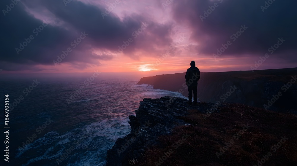 Silhouetted figure overlooking a dramatic sunset seascape Silhouetted figure overlooking a dramatic sunset seascape