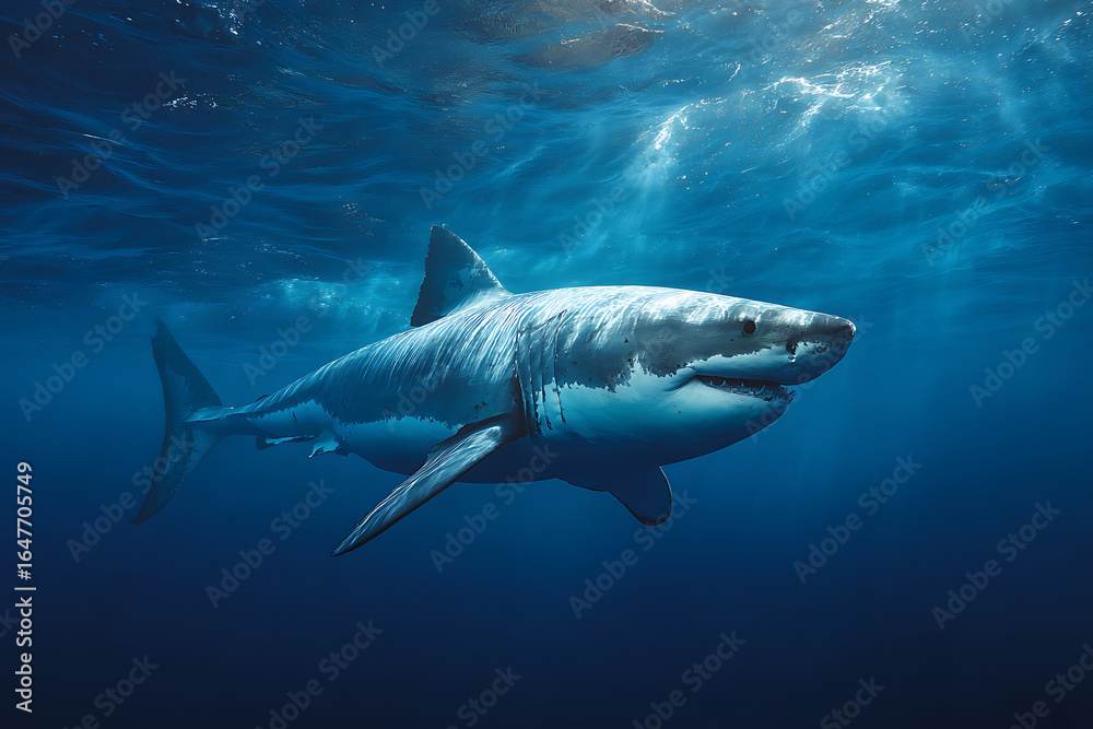 Fototapeta premium Majestic Great White Shark Swimming in Deep Blue Ocean with Sunlight Filtering Through Water