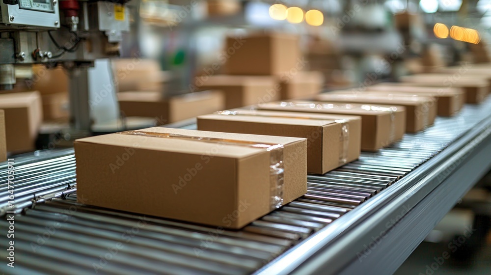 Obraz premium Cardboard boxes moving on a conveyor belt in a factory. Automated packaging line