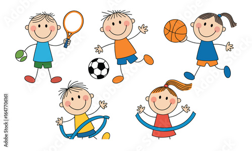 Happy children playing different sports and activities, including soccer, tennis, and basketball. A fun, hand-drawn stick figure illustration.