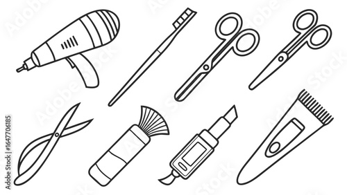 A collection of various grooming and beauty tools, illustrated in a simple black and white style.