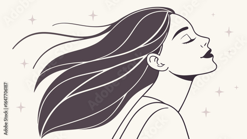 A woman with flowing hair, eyes closed, in a serene pose, against a starry background.