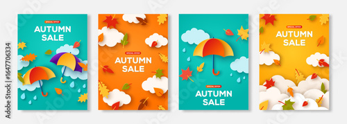 Autumn sale posters set. Paper cut clouds, umbrella and orange leaves pattern. Rainy day frame border design, 3d fall poster. Vector illustration. Place for text. Thanksgiving pattern background