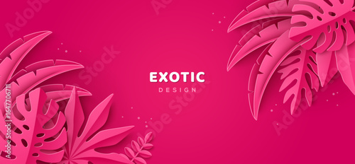 Jungle exotic leaves, pink colorful design, hello summer background. Sea vacation vibrant banner. 3d paper cut rainforest plants, banana palm monstera foliage. Hawaii holiday concept frame border