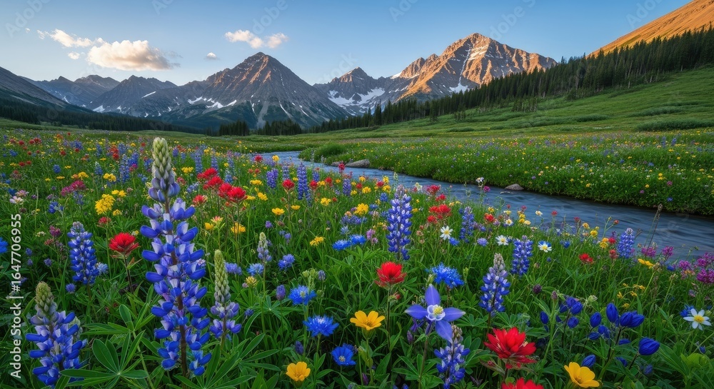 Fototapeta premium Vibrant mountain meadow filled with colorful wildflowers and a winding stream, set against majestic snowy peaks under a clear sky.