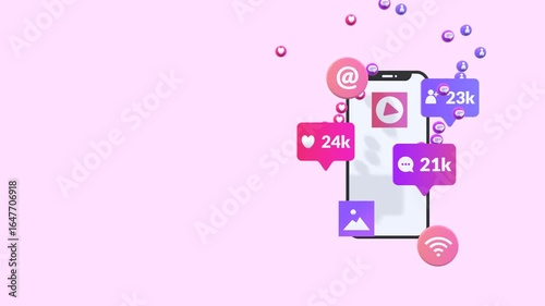3D animation concept of social media marketing showing growth in likes, comments, and followers with copy space. Ideal for digital marketing, influencer strategy, and online engagement themes.