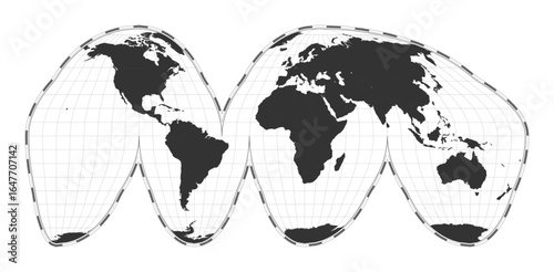 Vector world map. Goode's interrupted homolosine projection. Plain world geographical map with latitude and longitude lines. Centered to 0deg longitude. Vector illustration.