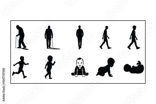 Vector illustration of human life cycle progression silhouettes isolated on white background